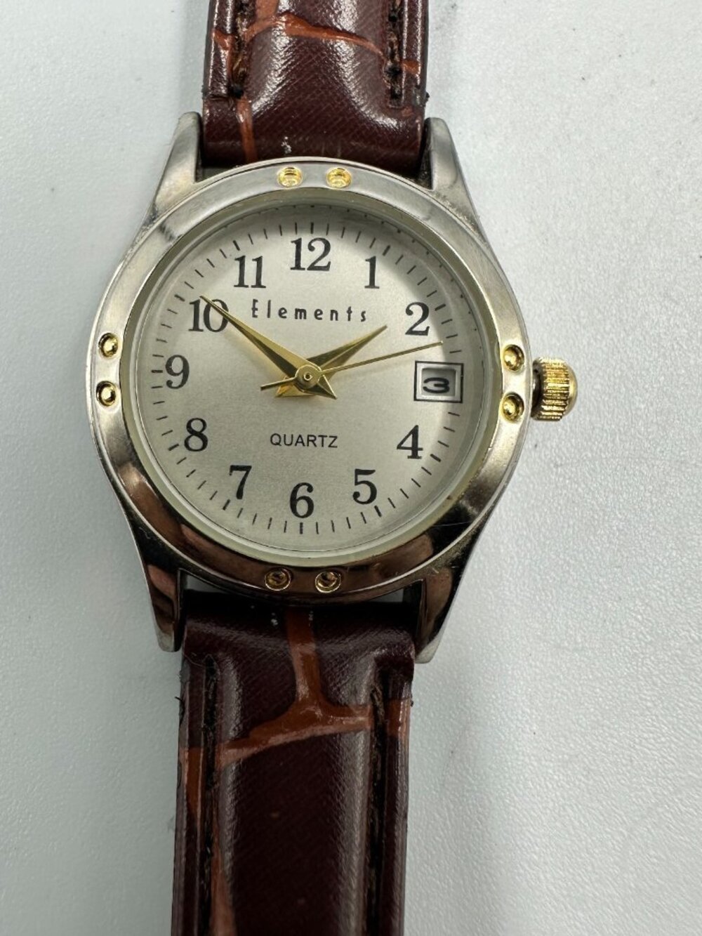 3/$30 Elements Watch Women Silver Tone Date Window Black Band New Battery 7.5"
